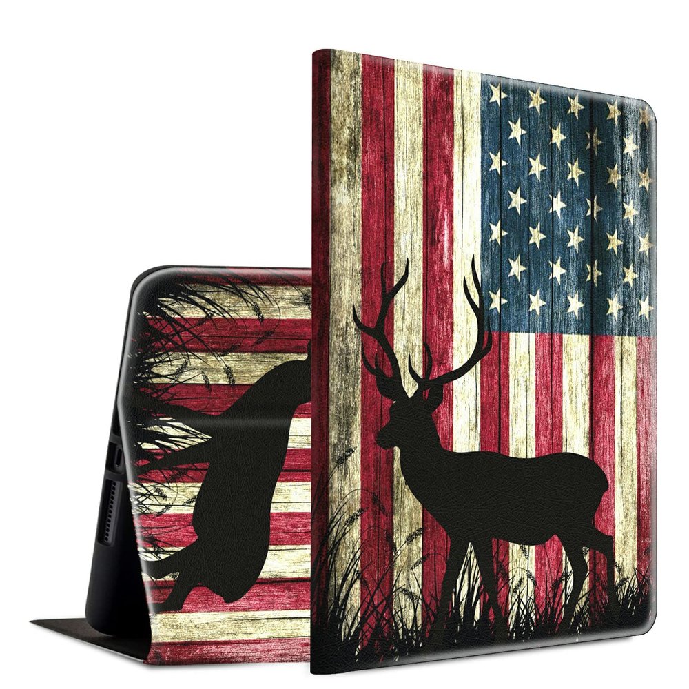 BFSEROBJ Case for Kindle Fire HD 10 Tablet 10.1" 7th/9th Generation 2017/2019 Release Lightweight Smart Case PU Leather Adjustable Stand Protective Cover with Auto Wake/Sleep - American Flag Deer