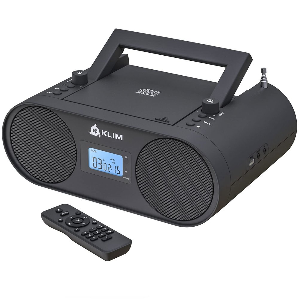 Klim Boombox B4 CD Player Portable Audio System - AM/FM Radio with CD Player MP3 Bluetooth AUX USB, Rechargeable, Remote Control, Autosleep Digital EQ (Renewed)