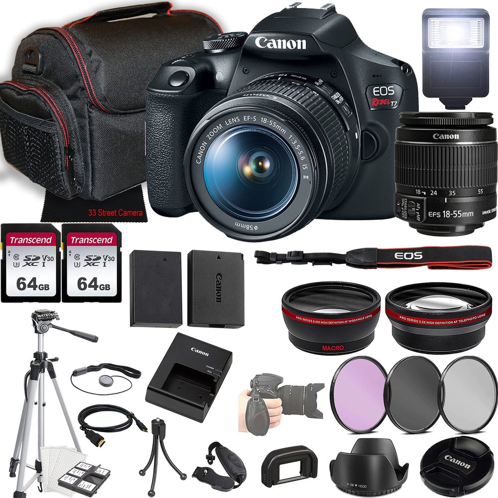 Canon EOS Rebel T7 DSLR Camera w/EF-S 18-55mm f/3.5-5.6 is II Lens + 2X 64GB Memory + Case + Filters + Tripod + More (35pc Bundle) (Renewed)