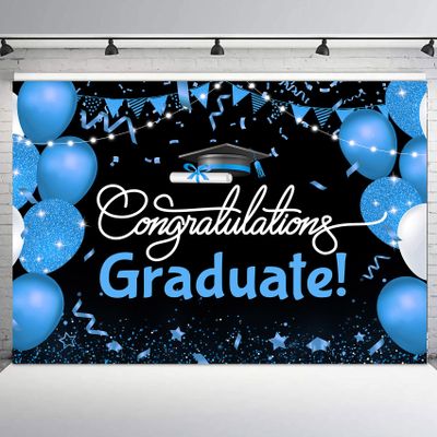 10x8ft Graduation Backdrop for Photoshoot Black and Blue Balloon Congratulations Graduate Class of 2024 Congrats Grad Party Photography Background Celebration Prom Party Backdrop Photo Booth Props