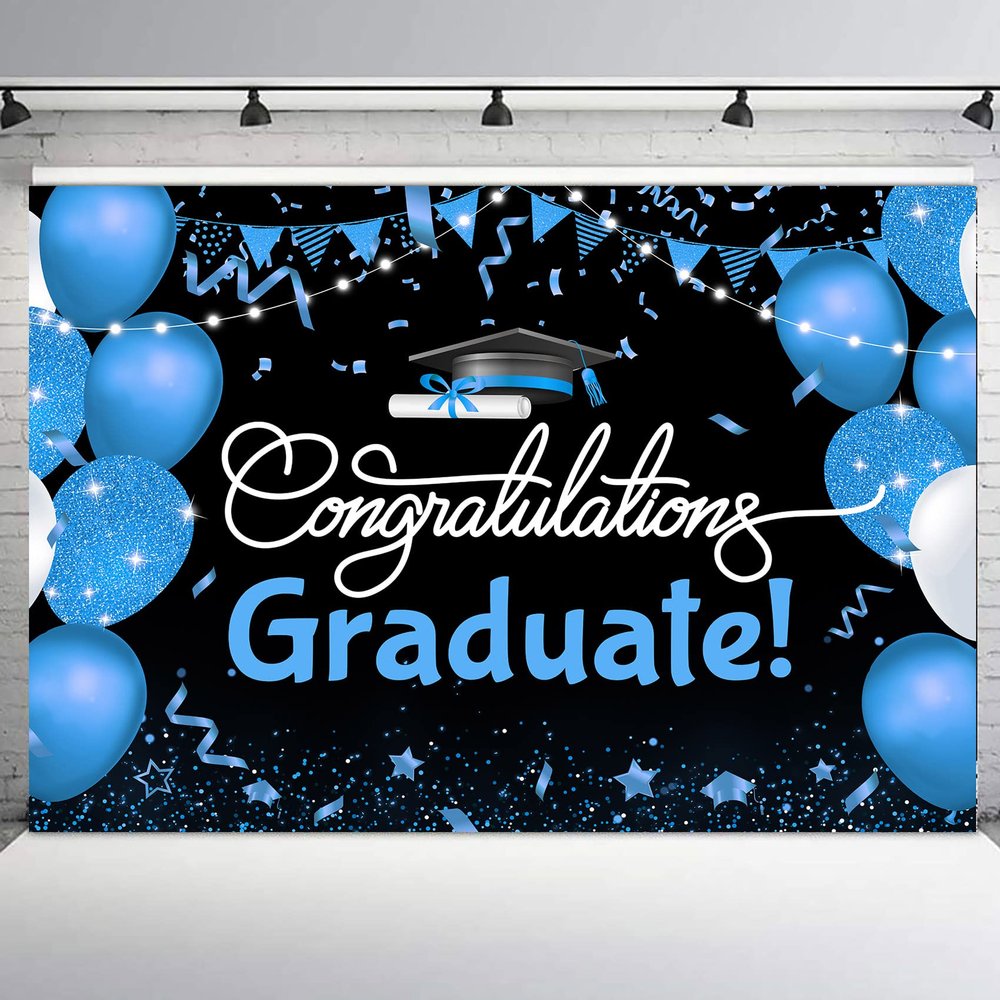 10x8ft Graduation Backdrop for Photoshoot Black and Blue Balloon Congratulations Graduate Class of 2024 Congrats Grad Party Photography Background Celebration Prom Party Backdrop Photo Booth Props