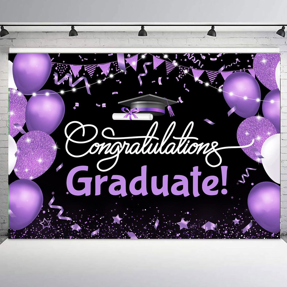 10x8ft Graduation Backdrop for Photoshoot Black and Purple Balloon Congratulations Graduate Class of 2025 Congrats Grad Party Photography Background Celebration Prom Party Backdrop Photo Booth Props