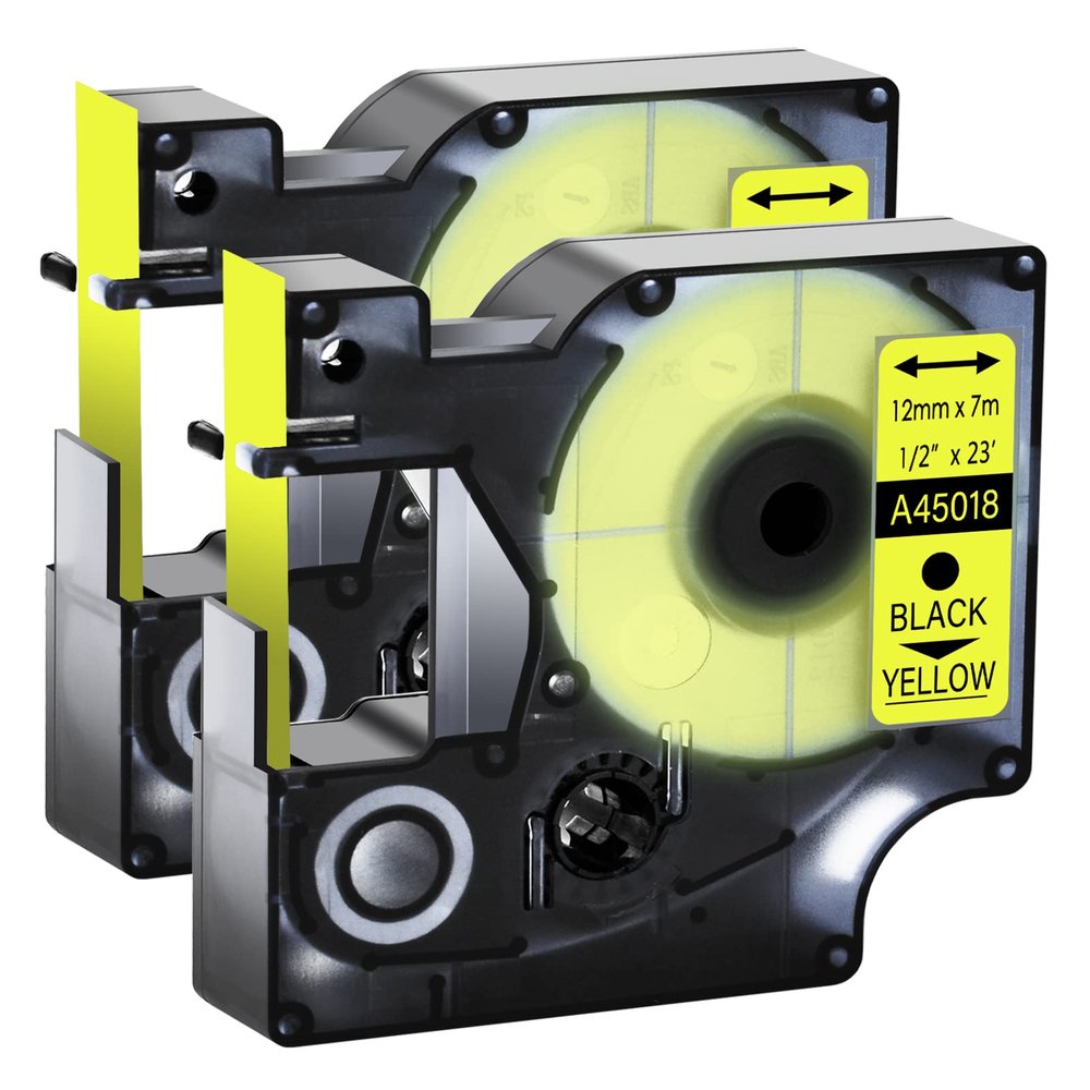 GREENCYCLE Label Maker Tape 45018 S0720580 Compatible for DYMO D1 1/2" (12mm) x 23ft (7m) for LabelManager 210D 220P 260P 160 280 420P 350 360D 450 COLORPOP LMPnP LP250 (Black Print on Yellow, 2 Pack)