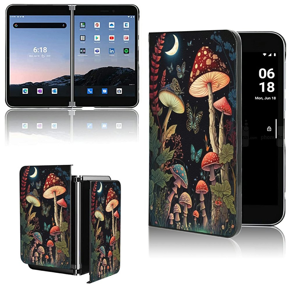 AIRWEE Case for Microsoft Surface Duo Case,Surface Duo Leather Case 2020, Ultra Slim Hard PC Back Case Protective Fold Cover Case for Microsoft Surface Duo,Mushroom Moon Night