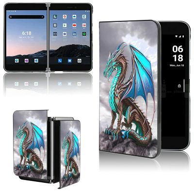 AIRWEE Case for Microsoft Surface Duo Case,Surface Duo Leather Case 2020, Ultra Slim Hard PC Back Case Protective Fold Cover Case for Microsoft Surface Duo,Cool Blue Dragon