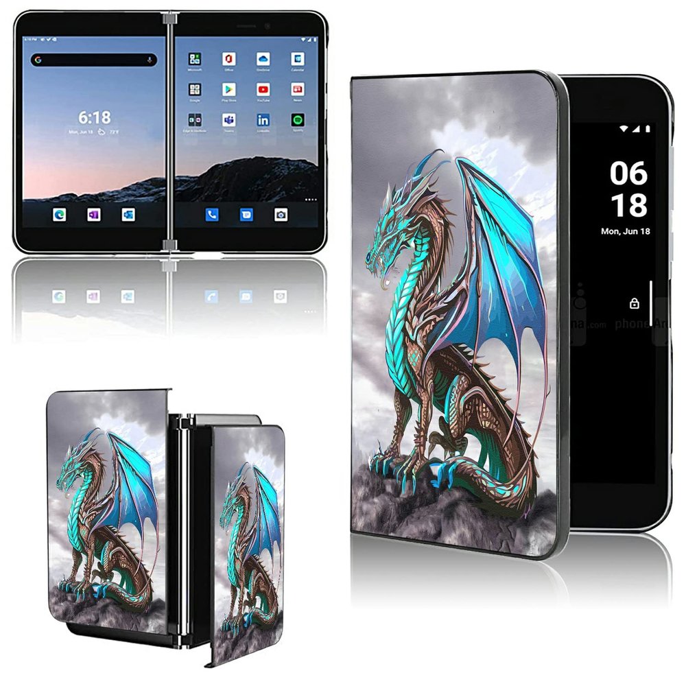 AIRWEE Case for Microsoft Surface Duo Case,Surface Duo Leather Case 2020, Ultra Slim Hard PC Back Case Protective Fold Cover Case for Microsoft Surface Duo,Cool Blue Dragon