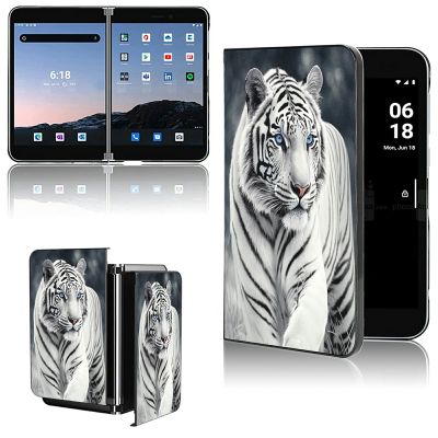 AIRWEE Case for Microsoft Surface Duo Case,Surface Duo Leather Case 2020, Ultra Slim Hard PC Back Case Protective Fold Cover Case for Microsoft Surface Duo,White Tiger