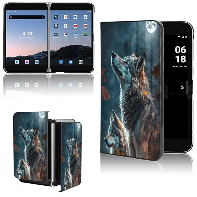 AIRWEE Case for Microsoft Surface Duo Case,Surface Duo Leather Case 2020, Ultra Slim Hard PC Back Case Protective Fold Cover Case for Microsoft Surface Duo,Two Wolves in Moon