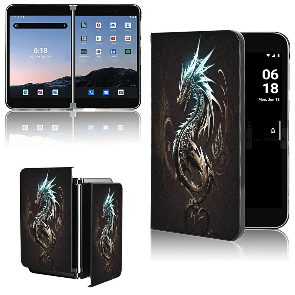 AIRWEE Case for Microsoft Surface Duo Case,Surface Duo Leather Case 2020, Ultra Slim Hard PC Back Case Protective Fold Cover Case for Microsoft Surface Duo,Dragon in Black
