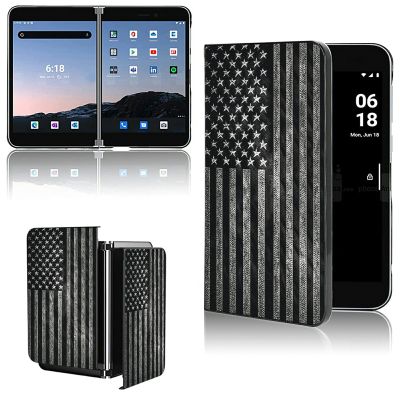AIRWEE Case for Microsoft Surface Duo Case,Surface Duo Leather Case 2020, Ultra Slim Hard PC Back Case Protective Fold Cover Case for Microsoft Surface Duo,Thin Flag in Black
