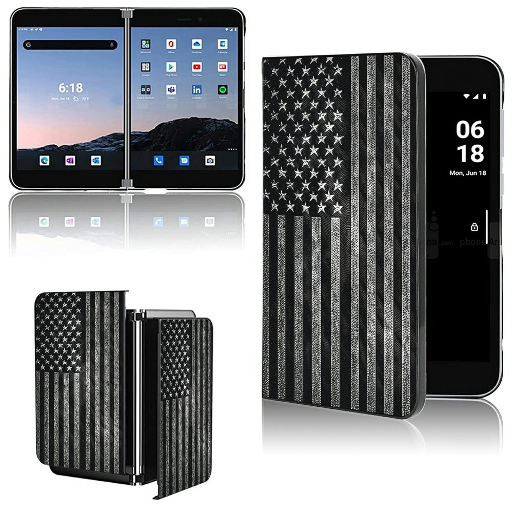 AIRWEE Case for Microsoft Surface Duo Case,Surface Duo Leather Case 2020, Ultra Slim Hard PC Back Case Protective Fold Cover Case for Microsoft Surface Duo,Thin Flag in Black