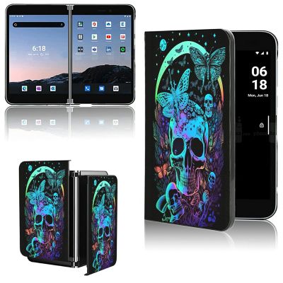 AIRWEE Case for Microsoft Surface Duo Case,Surface Duo Leather Case 2020, Ultra Slim Hard PC Back Case Protective Fold Cover Case for Microsoft Surface Duo,Blue Butterflies Skull