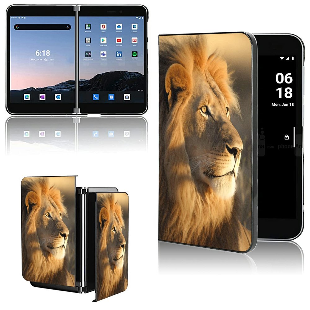 AIRWEE Case for Microsoft Surface Duo Case,Surface Duo Leather Case 2020, Ultra Slim Hard PC Back Case Protective Fold Cover Case for Microsoft Surface Duo,Lion Animal