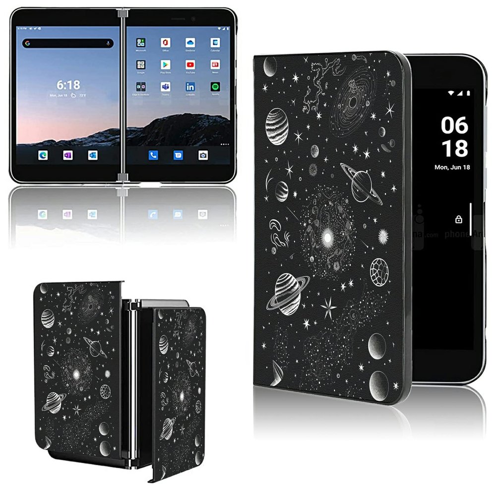 AIRWEE Case for Microsoft Surface Duo Case,Surface Duo Leather Case 2020, Ultra Slim Hard PC Back Case Protective Fold Cover Case for Microsoft Surface Duo,Starry Moon in Space