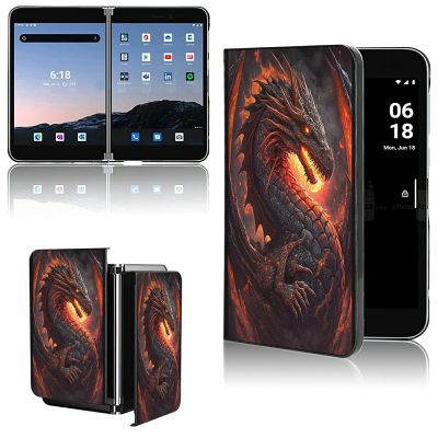 AIRWEE Case for Microsoft Surface Duo Case,Surface Duo Leather Case 2020, Ultra Slim Hard PC Back Case Protective Fold Cover Case for Microsoft Surface Duo,Fire Dragon