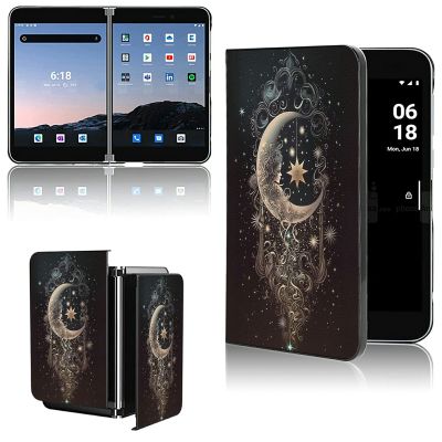 AIRWEE Case for Microsoft Surface Duo Case,Surface Duo Leather Case 2020, Ultra Slim Hard PC Back Case Protective Fold Cover Case for Microsoft Surface Duo,Moon Smile Face