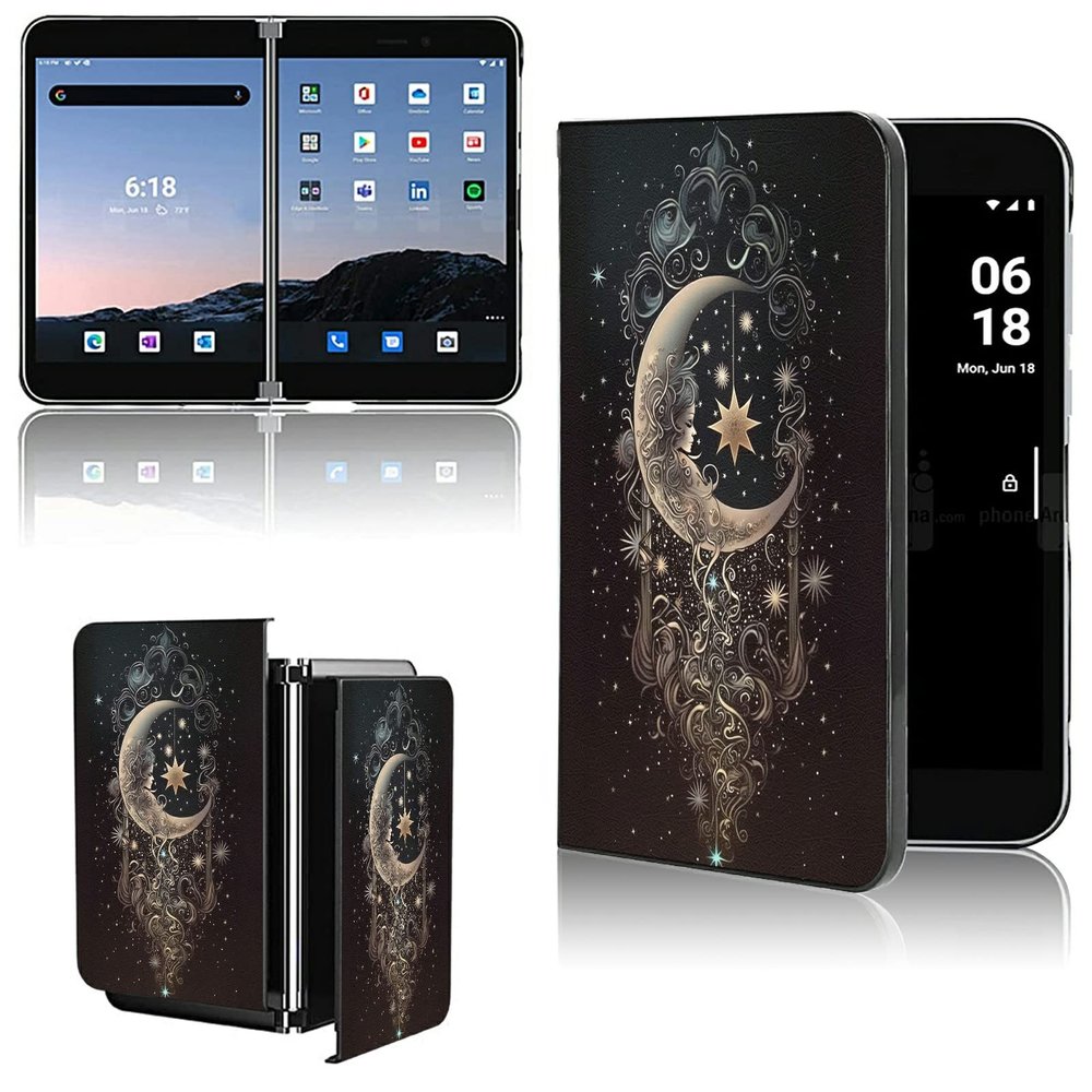 AIRWEE Case for Microsoft Surface Duo Case,Surface Duo Leather Case 2020, Ultra Slim Hard PC Back Case Protective Fold Cover Case for Microsoft Surface Duo,Moon Smile Face