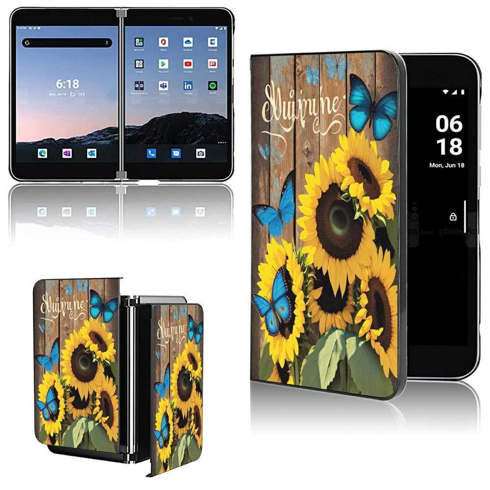 AIRWEE Case for Microsoft Surface Duo Case,Surface Duo Leather Case 2020, Ultra Slim Hard PC Back Case Protective Fold Cover Case for Microsoft Surface Duo,Wooden Sunshine Sunflower