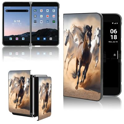 AIRWEE Case for Microsoft Surface Duo Case,Surface Duo Leather Case 2020, Ultra Slim Hard PC Back Case Protective Fold Cover Case for Microsoft Surface Duo,Running Cool Horse
