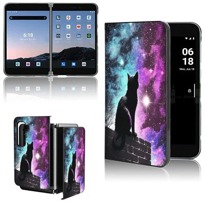 AIRWEE for Microsoft Surface Duo 2 Case for Women Men, Ultra Slim Hard PC Shookproof Fold Case Protective Cover for Microsoft Surface Duo 2 2nd 2021,Cat Looking Starry Sky