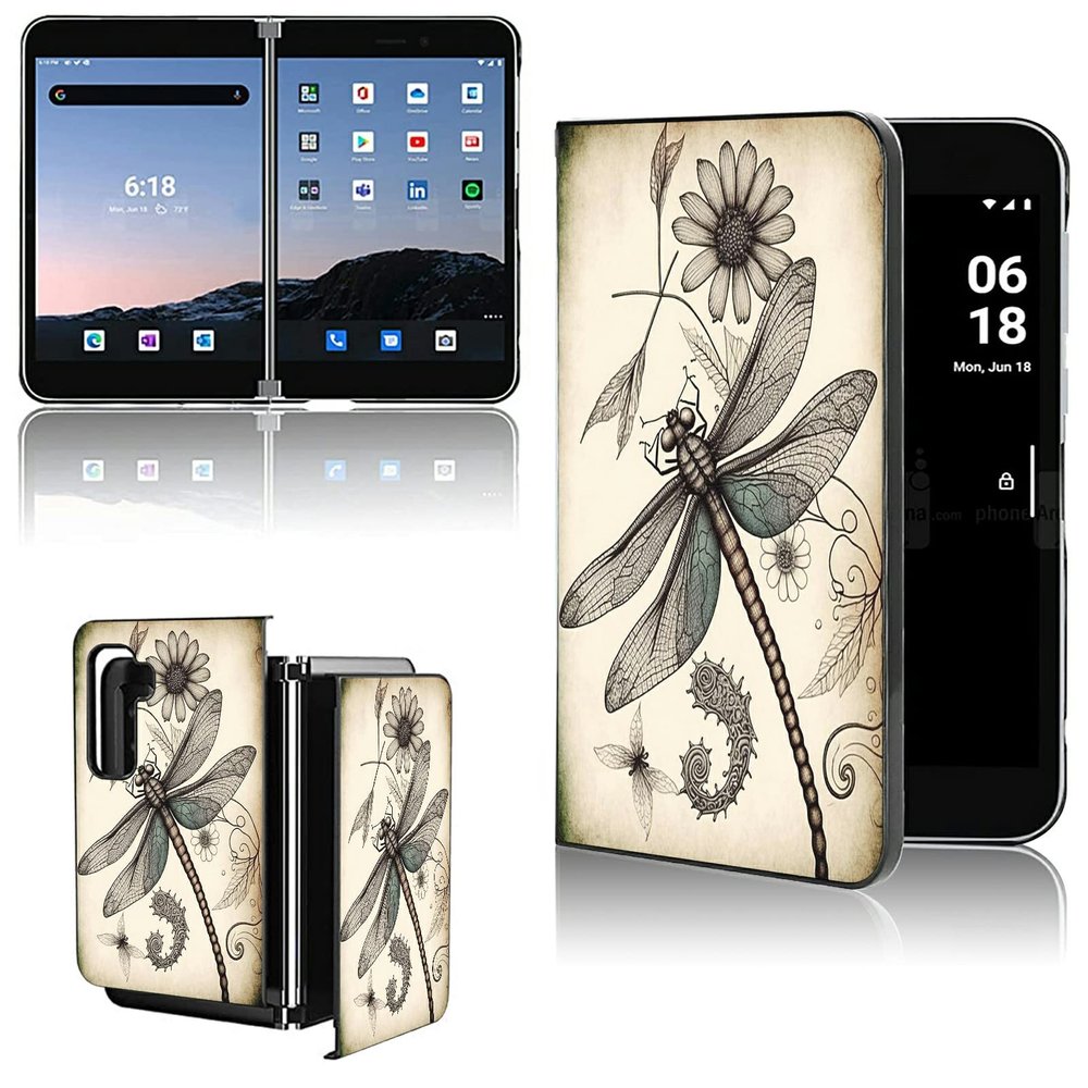 AIRWEE for Microsoft Surface Duo 2 Case for Women Men, Ultra Slim Hard PC Shookproof Fold Case Protective Cover for Microsoft Surface Duo 2 2nd 2021,Flower Dragonfly