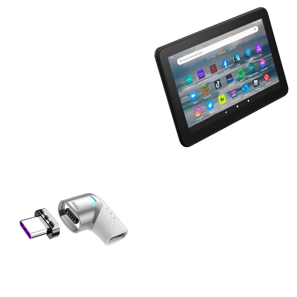 BoxWave Adapter Compatible with Amazon Fire 7 (12th Gen 2022) - MagnetoSnap PD Angle Adapter, Magnetic Charging Connector Device Saver - Metallic Silver