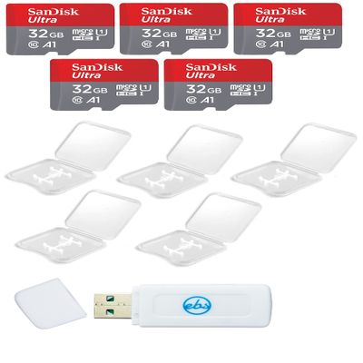 SanDisk Ultra 32GB Micro SD SDHC Memory Flash Card (5 Pack) UHS-I Class 10 SDSQUA4-032G-GN6MN Wholesale Lot Bundle with 5 Plastic Jewel Cases and Everything But Stromboli Card Reader