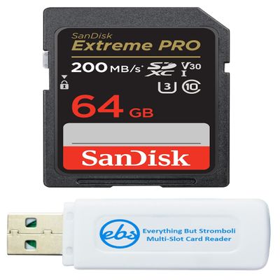 SanDisk 64GB SDXC SD Extreme Pro Memory Card Bundle Works with Canon EOS Rebel T5, T5i, T6, T6i, T7, T7i Digital DSLR Camera 4K (SDSDXXU-064G-GN4IN) Plus 1 Everything But Stromboli Multi-Slot Reader