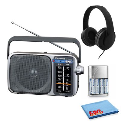 RF2400D Portable AM/FM Radio Silver + 4X AA Batteries with Charger + Wired Headphones + Microfiber Cleaning Cloth Bundle