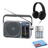 RF2400D Portable AM/FM Radio Silver + 4X AA Batteries with Charger + Wired Headphones + Microfiber Cleaning Cloth Bundle view 1