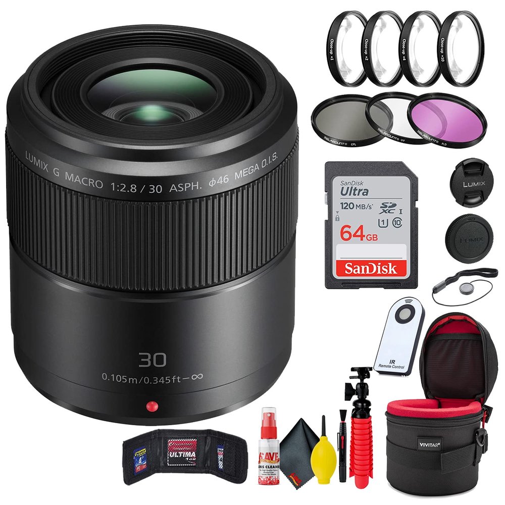 G Macro (H-HS030) 30mm f/2.8 ASPH Mega O.I.S Lens + 64GB SD Card + Close Up Filter + Lens Case + Lens Cap + Memory Card Wallet + Tripod + Wireless Remote Shutter + Filter Kit + Cleaning Kit