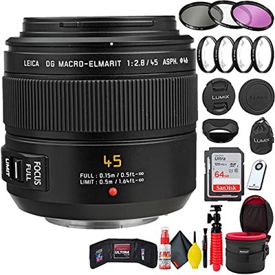 DG Macro-Elmarit (H-ES045) 45mm f/2.8 ASPH Mega O.I.S Lens + (2) 64GB SD Card + 46mm Close Up Filter + 46mm Filter Kit + Lens Cap + Lens Case + Memory Card Wallet + Wireless Remote Shutter + More
