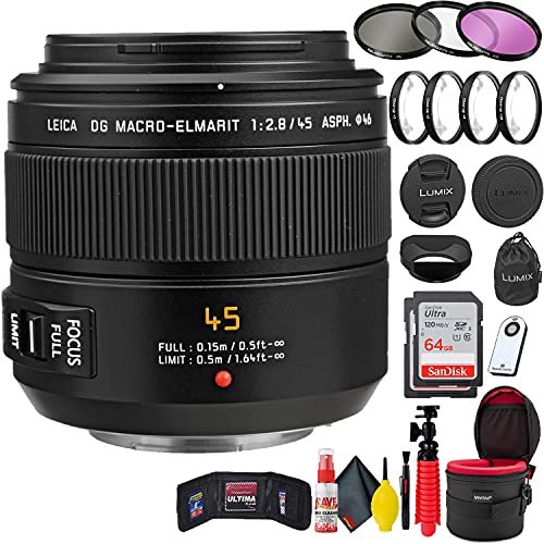 DG Macro-Elmarit (H-ES045) 45mm f/2.8 ASPH Mega O.I.S Lens + (2) 64GB SD Card + 46mm Close Up Filter + 46mm Filter Kit + Lens Cap + Lens Case + Memory Card Wallet + Wireless Remote Shutter + More