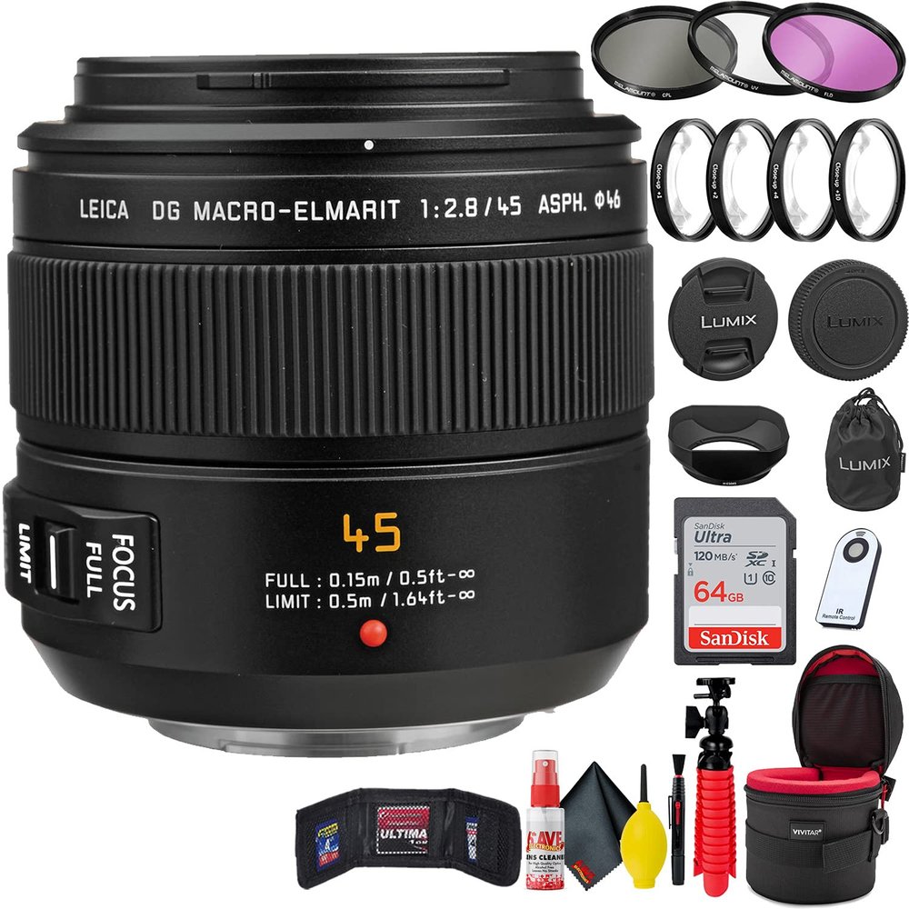 DG Macro-Elmarit (H-ES045) 45mm f/2.8 ASPH Mega O.I.S Lens + 64GB SD Card + Close Up Filter + Filter Kit + Lens Cap + Lens Case + Memory Card Wallet + Tripod + Wireless Remote Shutter + More