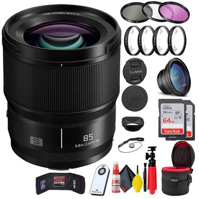 S (S-S85) 85mm f/1.8 Lens + (2) 64GB SD Card + Filter Kit + Close Up Filter Kit + Wide Angle Filter + Lens Case + Tripod + Wireless Remote Shutter + Cleaning Kit