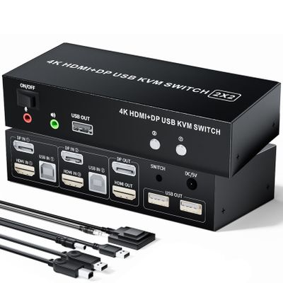 HDMI Displayport KVM Switch with Audio Microphone Output, BolAAzuL 4K 60Hz KVM Switch HDMI DP 2X2 for 2 Computers Share 2 Monitors, with 2 HDMI/DP/USB 2.0 in, 1 HDMI/DP and 3 USB Out, Copy/Extend