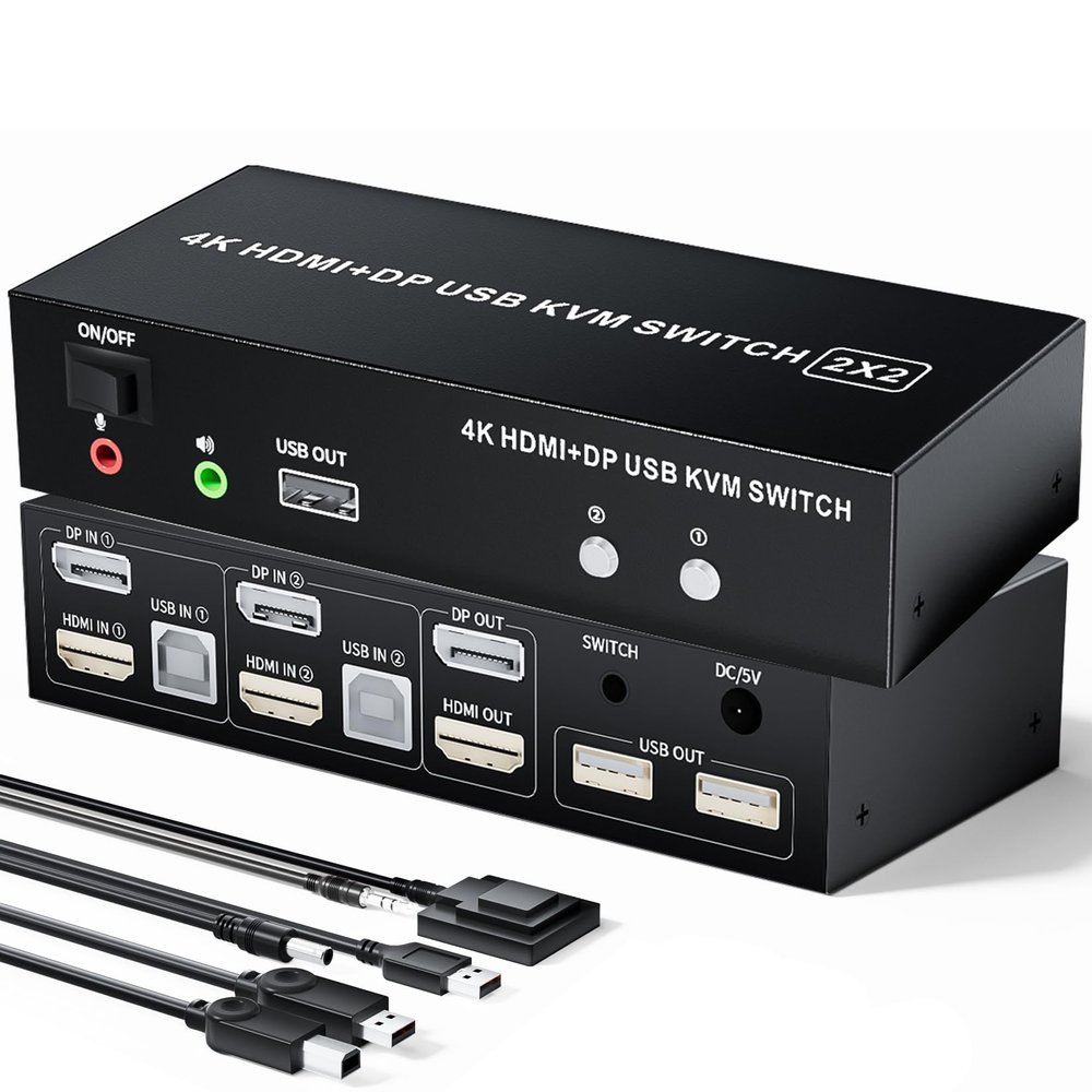 HDMI Displayport KVM Switch with Audio Microphone Output, BolAAzuL 4K 60Hz KVM Switch HDMI DP 2X2 for 2 Computers Share 2 Monitors, with 2 HDMI/DP/USB 2.0 in, 1 HDMI/DP and 3 USB Out, Copy/Extend