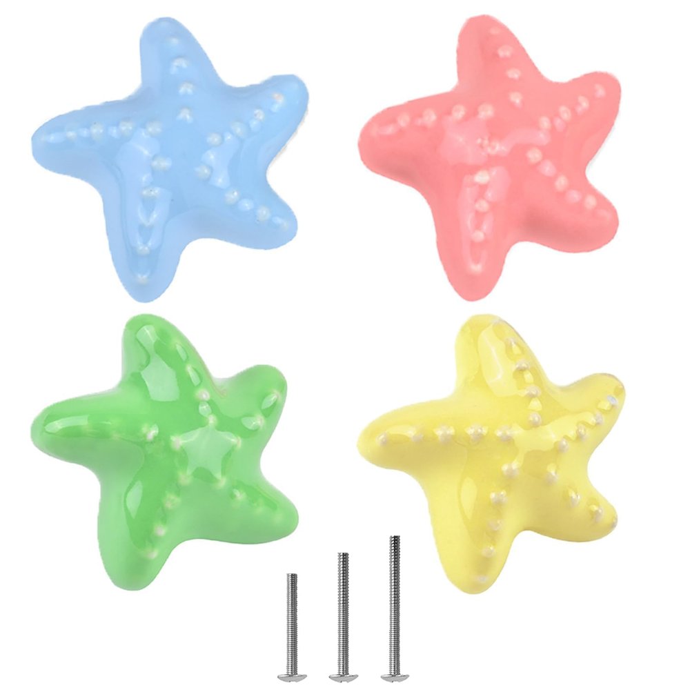 OctinPris 4X Colorful Cute Glossy Ceramic Knobs Starfish-Shape Lovely Door Pull Knob Cabinet Closet Ceramic Drawer Cupboard Kitchen Dresser Kids Child Bedroom Pulls Wardrobe Handles