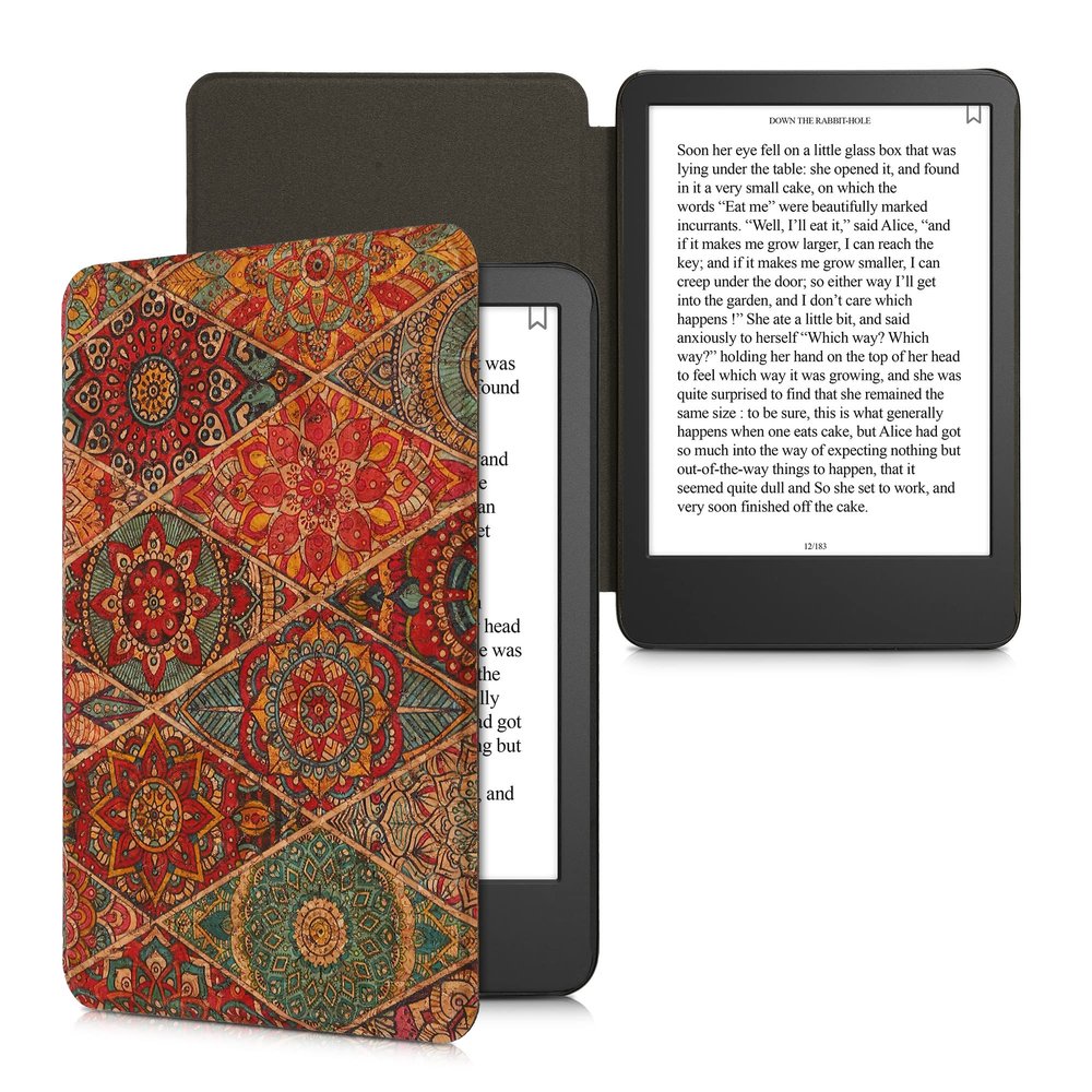 kwmobile Cork Case Compatible with Amazon Kindle (2022/2024) - Book Style Protective e-Reader Flip Cover Folio Case - Fractions Dark Pink/Red/Blue