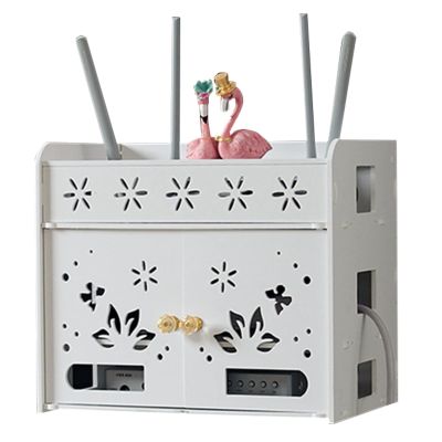 Four Layers Increase Height Wireless WiFi Boxes Wood-Plastic Box Cable Plus Wire Wall Hanging/Desktop Plug Board Shelf -Double Door Household Power Cord Arrangement Box (Size : 36x26.5x32.5cm)