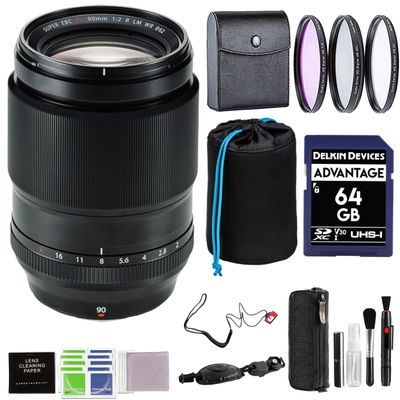 Fujifilm XF 90mm F2 R LM WR Lens Bundle with 62mm 3PC Filter Kit, 64GB SD Card, Lens Pouch & More Advanced Accessories | Fuji 90mm f/2