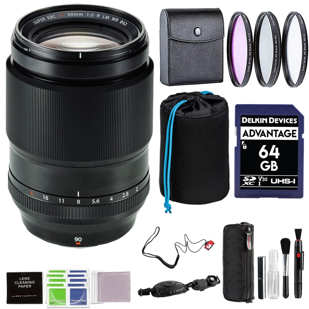 Fujifilm XF 90mm F2 R LM WR Lens Bundle with 62mm 3PC Filter Kit, 64GB SD Card, Lens Pouch & More Advanced Accessories | Fuji 90mm f/2