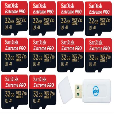 32GB SanDisk Extreme Pro (Ten Pack) 4K Micro Memory Card (SDSQXCG-032G-GN6MA) Class 10 U3 V30 A1 32G MicroSD HC SDHC Bundle with Everything But Stromboli Card Reader