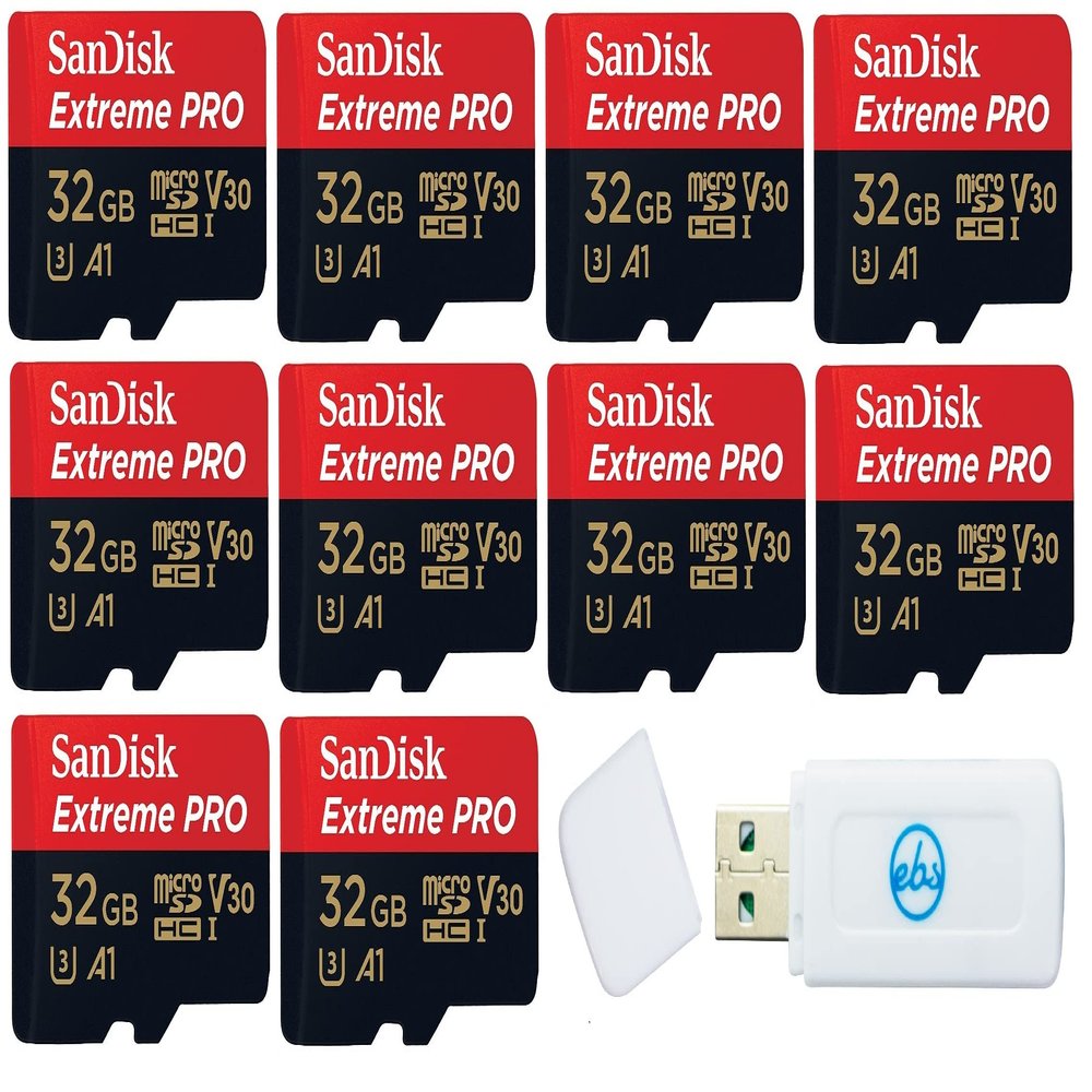 32GB SanDisk Extreme Pro (Ten Pack) 4K Micro Memory Card (SDSQXCG-032G-GN6MA) Class 10 U3 V30 A1 32G MicroSD HC SDHC Bundle with Everything But Stromboli Card Reader