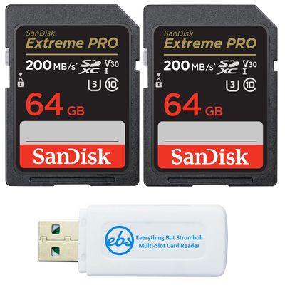 SanDisk 64GB SDXC SD Extreme Pro Memory Card (Two Pack) Works with Nikon D3500, D7500, D5600 Digital DSLR Camera 4K V30 U3 (SDSDXXU-064G-GN4IN) Plus (1) Everything But Stromboli Multi Slot Reader