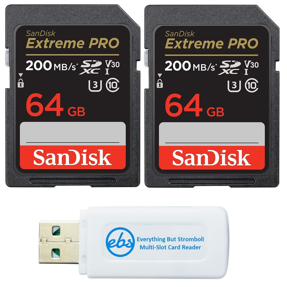 SanDisk 64GB SDXC SD Extreme Pro Memory Card (Two Pack) Works with Nikon D3500, D7500, D5600 Digital DSLR Camera 4K V30 U3 (SDSDXXU-064G-GN4IN) Plus (1) Everything But Stromboli Multi Slot Reader