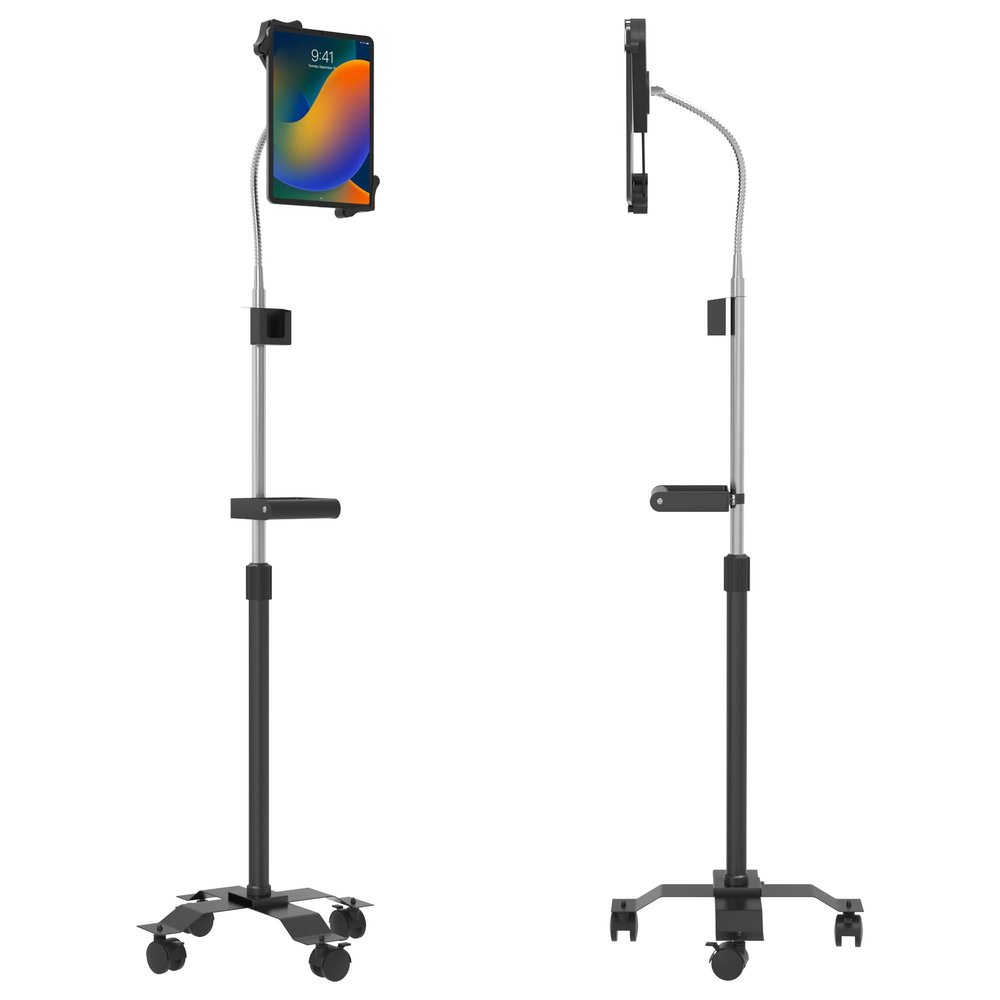 CTA Digital Mobile Floor Stand Compact, Adjustable Gooseneck Floor Stand with Handle & Swivel Casters For iPad Gen 7-10, iPad Air 4, 12.9, Surface Pro, Zebra Tablets, & Other 7-13 Tablets (PAD-CGSH)