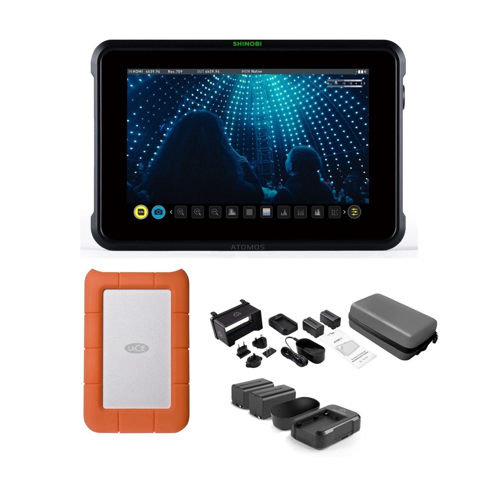 Atomos Shinobi 7-Inch 4K HDMI HDR Photo and Video Monitor Bundle with Atomos Accessory Kit - Sun Hood, LCD and Matter Protector, AC Adapter, Atomos Power Kit v2 and Portable Hard Drive (3 Items)