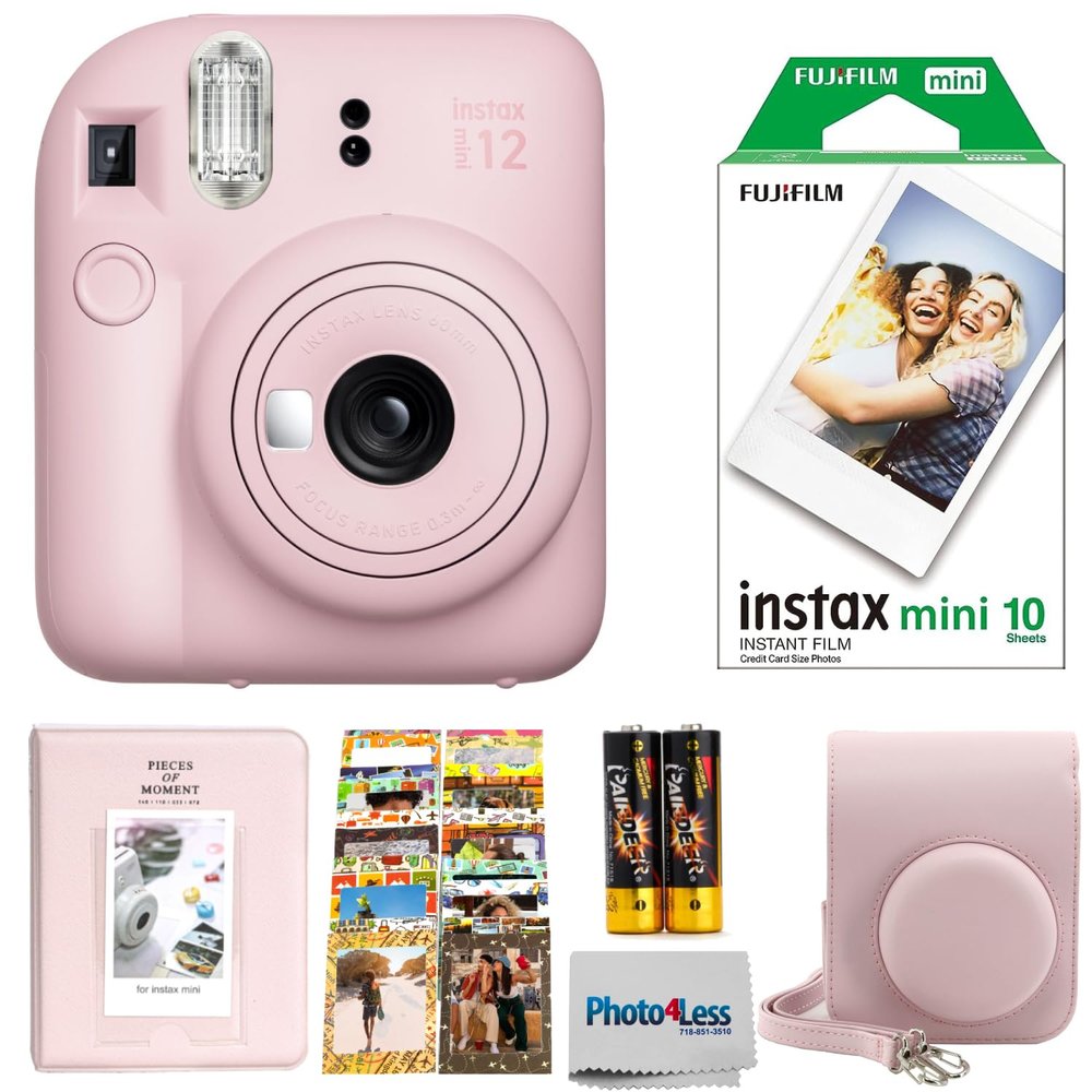Fujifilm INSTAX Mini 12 Instant Film Camera (Blossom Pink) + Fuji Single Pack - 10 Prints Protective Case Pink Photo Album Travel Stickers Bundle!