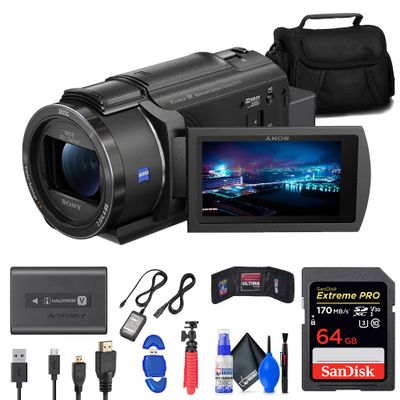 Sony FDR-AX43 UHD 4K Handycam Camcorder (FDRAX43/B) + 64GB Memory Card + Bag + Card Reader + Flex Tripod + Memory Wallet + Cleaning Kit (Renewed)
